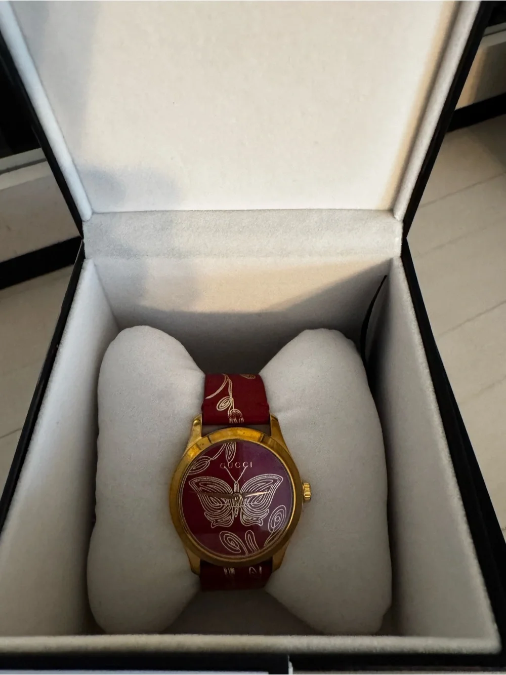 Gucci Gold-Tone Case Watch with Red Butterfly Strap
